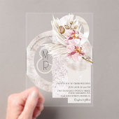 ボヘミアンベージュピンクモノグラム結婚パンパスズB アクリル招待状 (インサイチュ (ポータブル))