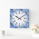 ボヘミアンペイズリーブルーカントリーファームスタイル スクエア壁時計 (ホーム)