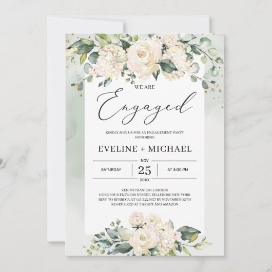 ボヘミアンホワイトローズグリーンリーブライダルシャワー 招待状 (正面)