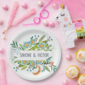 ボヘミアンボタニカルグリーン&ブルーフローラ ペーパープレート (パーティー)