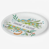 ボヘミアンボタニカルグリーン&ブルーフローラ ペーパープレート (アングル)