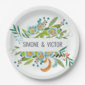 ボヘミアンボタニカルグリーン&ブルーフローラ ペーパープレート (正面)