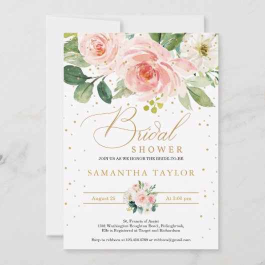 ボヘミアンボホ赤面ピンクフローラと金ゴールドブライダル 招待状 (正面)