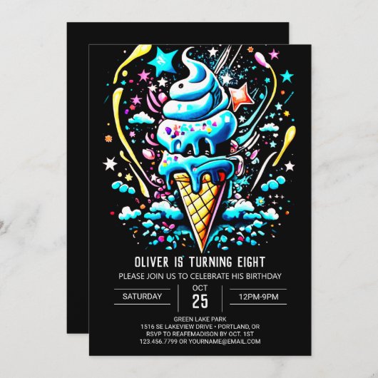 ボヘミアンボーイズボーイモダンアイスクリーム誕生日 招待状 (正面/裏面)