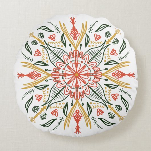 ボヘミアンマンダラカラフルボタニカルグリーン ラウンドクッション (正面)