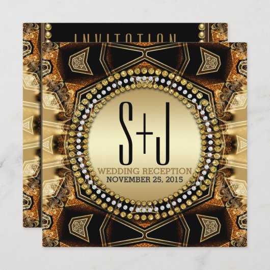 ボヘミアンミディアムゴールドサテン結婚式の披露宴 招待状 (正面/裏面)