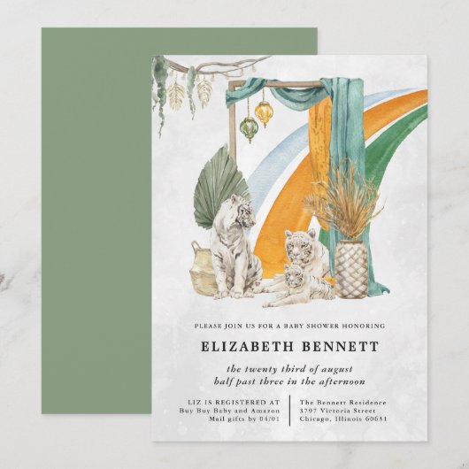 ボヘミアンメッシュタイガーのグリーン | ベビーシャワー 招待状 (正面/裏面)