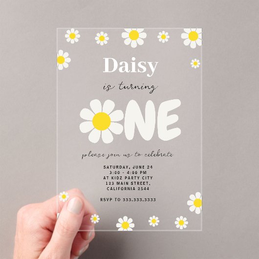 ボヘミアンモダンかわいいデイジー花1歳の誕生日 アクリル招待状 (インサイチュ (ポータブル))