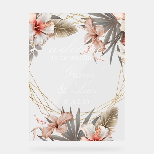 ボヘミアンモンステラ植物性花模様結婚金ゴールド アクリルサイン (正面)