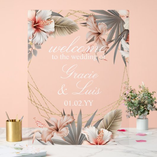 ボヘミアンモンステラ植物性花模様結婚金ゴールド アクリルサイン (ウェディング)