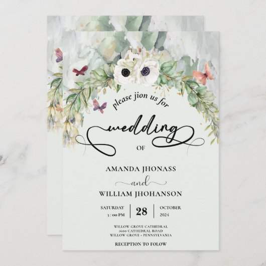 ボヘミアンリッシュグリーンリーアーチサマー庭園の結婚式 招待状 (正面/裏面)