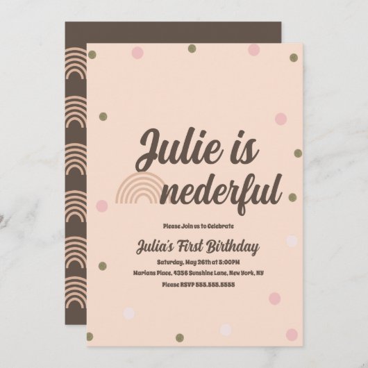 ボヘミアンレインボーファースト誕生日オネダーフル紙吹雪 招待状 (正面/裏面)