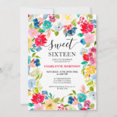 ボヘミアンレッドブルーフローラ写真Sweet 16 招待状 (正面)