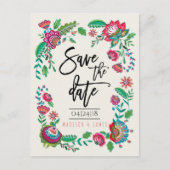 ボヘミアンレッド&グリーンフォーク花 |日付の保存 案内ポストカード (正面)