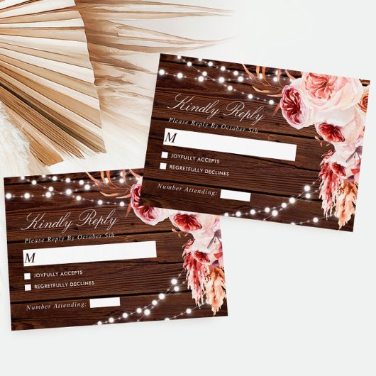ボヘミアンローズラスティックウッド結婚式RSVP 出欠カード