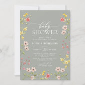 ボヘミアンワイルドフラワーガールグリーンベビーシャワー 招待状 (正面)