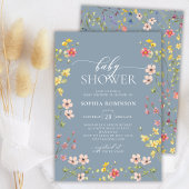 ボヘミアンワイルドフラワーガールブルーベビーシャワー 招待状