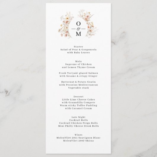 ボヘミアンワイルドフラワーズリースモノグラム結婚ズ メニュー (正面)