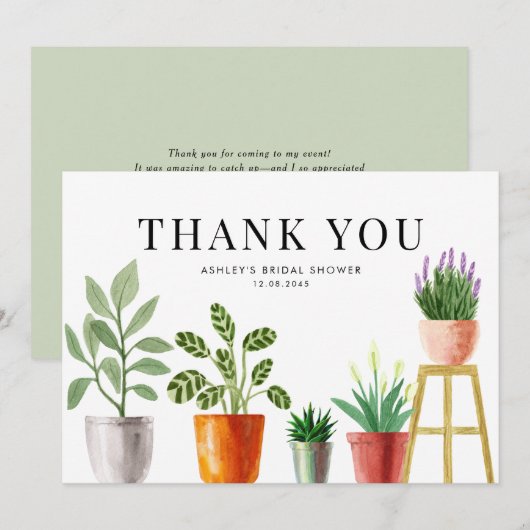 ボヘミアンワンポイント水彩画の鉢植えの観葉植物 ブライダルシャワー サンキューカード (正面/裏面)