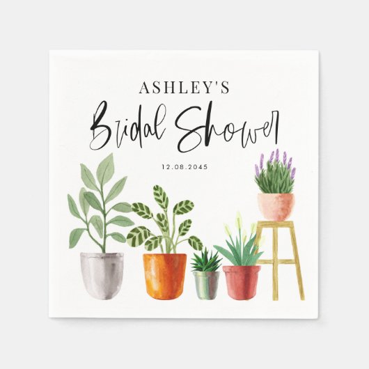 ボヘミアンワンポイント水彩画の鉢植えの観葉植物 ブライダルシャワー スタンダードカクテルナプキン (正面)