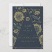 ボヘミアン三角州ひまわり結婚のネイビーブルー 招待状 (正面)