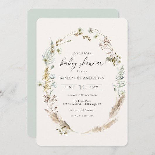 ボヘミアン乾燥ブーケブルーベビーシャワー招待状 招待状 (正面/裏面)