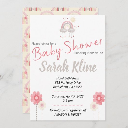 ボヘミアン女の子の赤ん坊シャワー招待、ボホ 招待状 (正面/裏面)