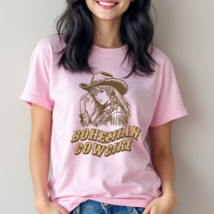 ボヘミアン女性のカーボーイウエスタンカントリーピンクボホシャツ Tシャツ