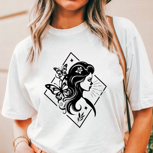 ボヘミアン女性蝶花幾何学アート トライブレンドTシャツ