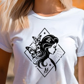 ボヘミアン女性蝶花幾何学アート トライブレンドTシャツ