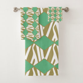 ボヘミアン幾何学白、ベージュ&ターコイズ バスタオルセット