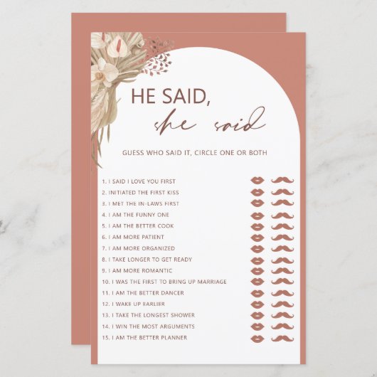 ボヘミアン彼は彼女はブライダルシャワーゲームを言った (正面/裏面)