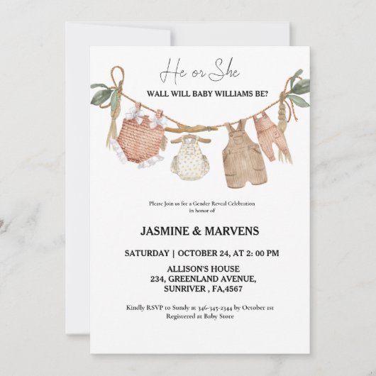 ボヘミアン彼または彼女の赤ちゃん服のジェンダーを明らかにする 招待状 (正面)
