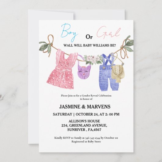 ボヘミアン彼または彼女の赤ちゃん服のジェンダーを明らかにする 招待状 (正面)