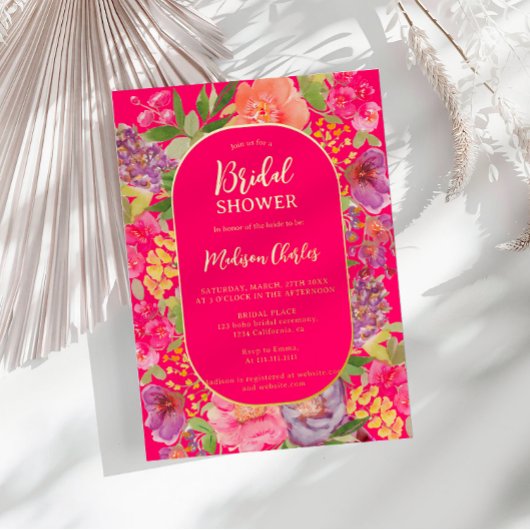 ボヘミアン明るいフローラアーチスクリプトブライダルシャワー 箔招待状