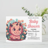 ボヘミアン水彩恐竜の女の子ベビーシャワー 招待状 (スタンド正面)