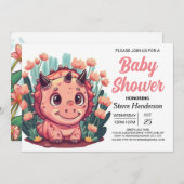 ボヘミアン水彩恐竜の女の子ベビーシャワー 招待状 (正面/裏面)