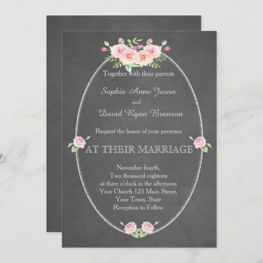 ボヘミアン水彩花チョークウェディング招待 招待状 (正面/裏面)