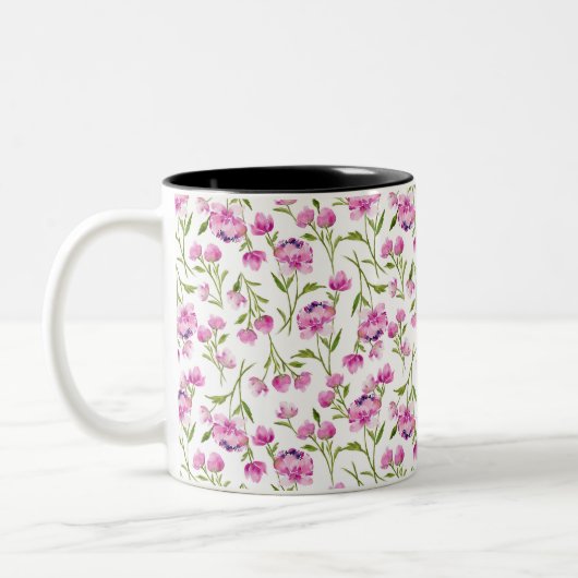 ボヘミアン水彩花模様 – ピンクon白 ツートーンマグカップ (左)