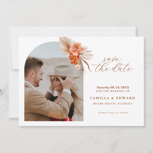 ボヘミアン焦げオレンジ素朴色のフローラ結婚ズ セーブザデート (正面)