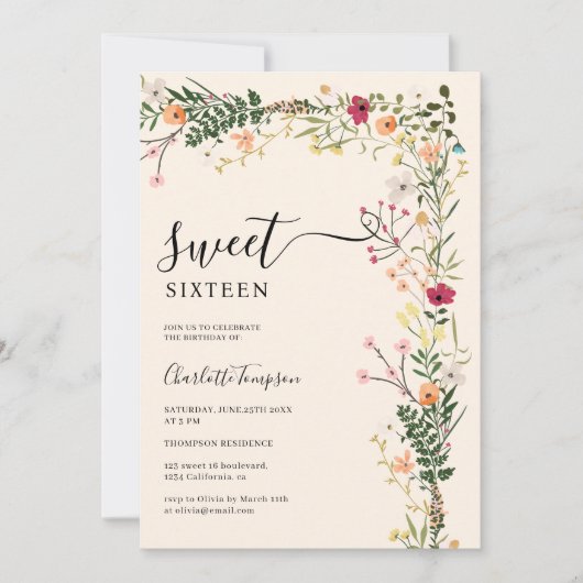 ボヘミアン牧草地ワイルドフラワーズ春スウィート16 招待状 (正面)