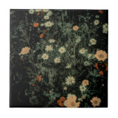 ボヘミアン白デイジーワイルドフラワー黒フローラ タイル (正面)