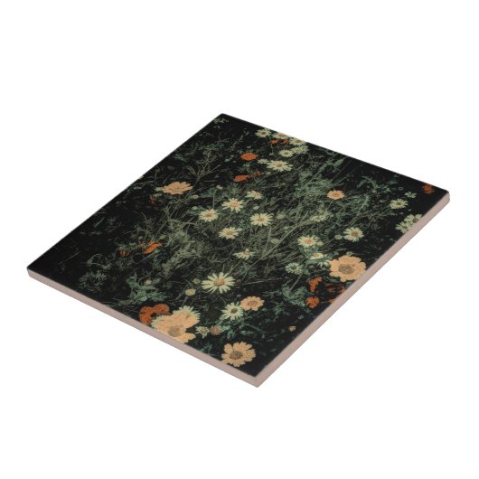 ボヘミアン白デイジーワイルドフラワー黒フローラ タイル (側面)