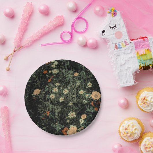 ボヘミアン白デイジーワイルドフラワー黒フローラ ペーパープレート (パーティー)