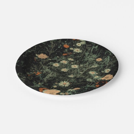 ボヘミアン白デイジーワイルドフラワー黒フローラ ペーパープレート (アングル)