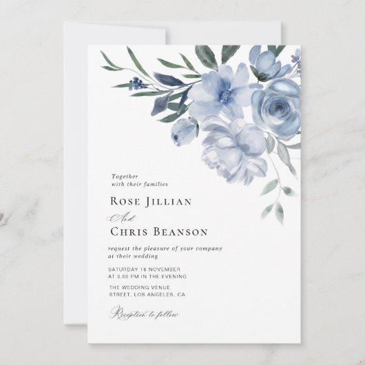 ボヘミアン砂質ブルーフローラ結婚式招待状 招待状 (正面)