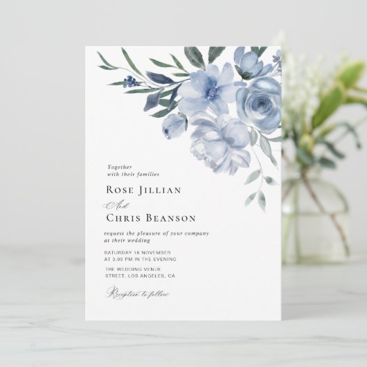 ボヘミアン砂質ブルーフローラ結婚式招待状 招待状 (スタンド正面)