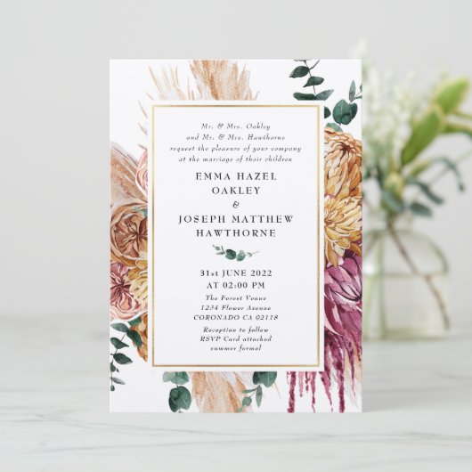 ボヘミアン秋ブルゴーニュフローラ結婚式招待状 招待状 (スタンド正面)