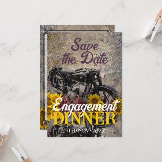 ボヘミアン素朴サンフラワーモーターバイクディナーパーティー 招待状 (正面/裏面インサイチュ)