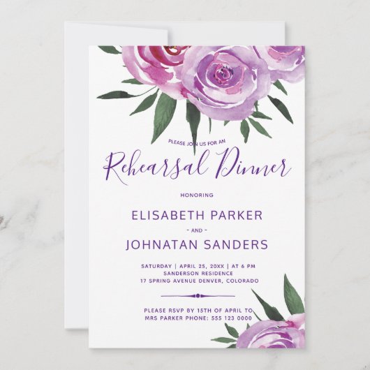 ボヘミアン紫の素朴な牡丹のリハーサルディナー 招待状 (正面)
